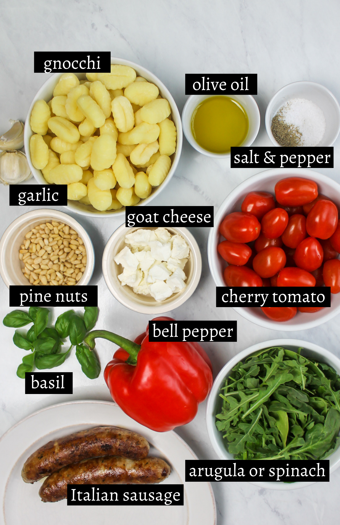 Labeled Ingredients for Italian Sausage Gnocchi with Spinach and Cherry Tomatoes