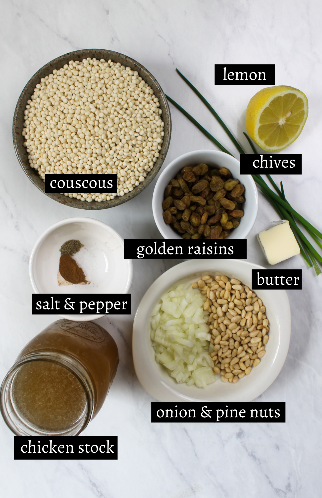 Labeled ingredients for couscous to go with roasted chicken.