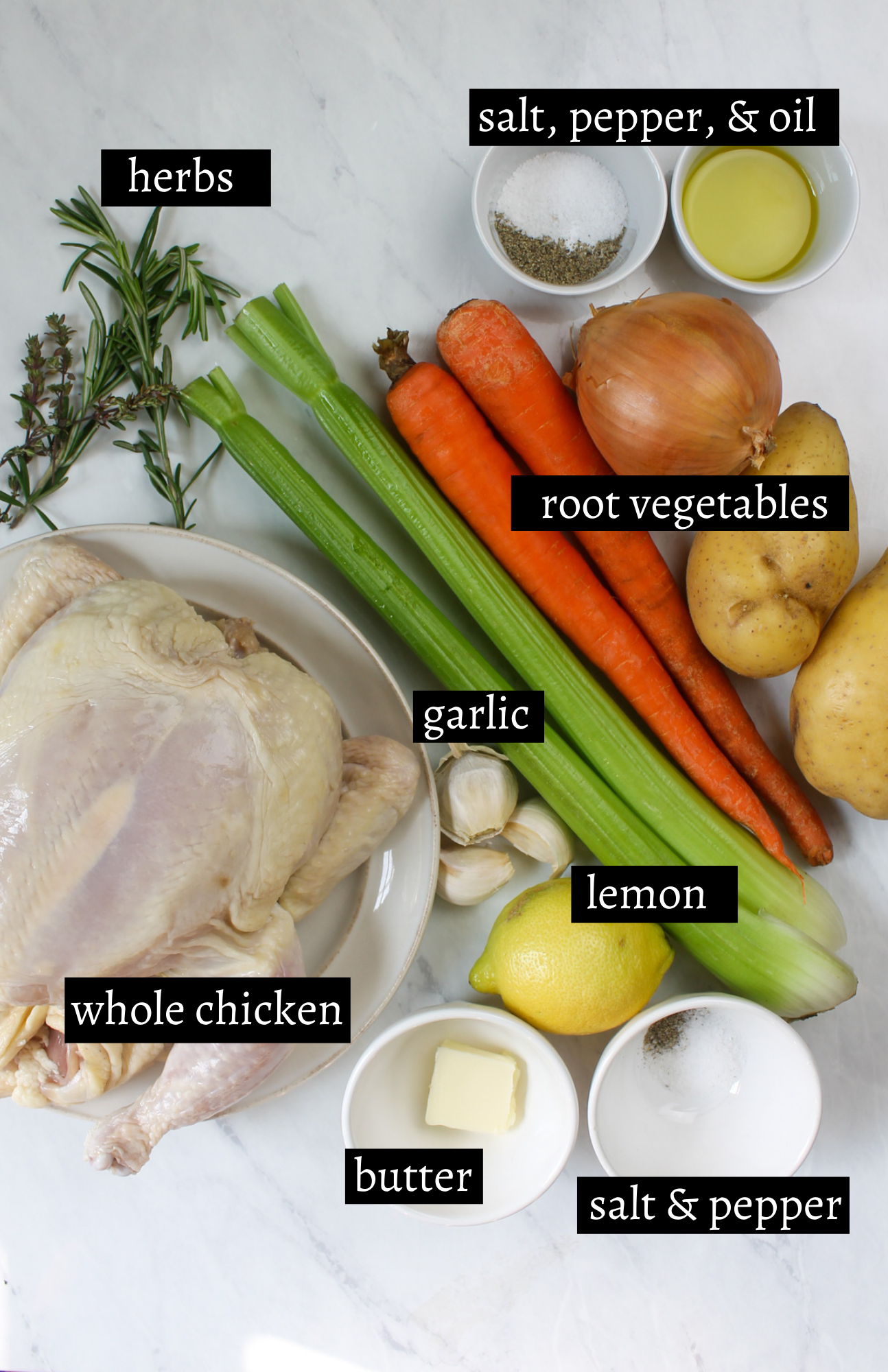 Labeled ingredients for roasted chicken and root vegetables.