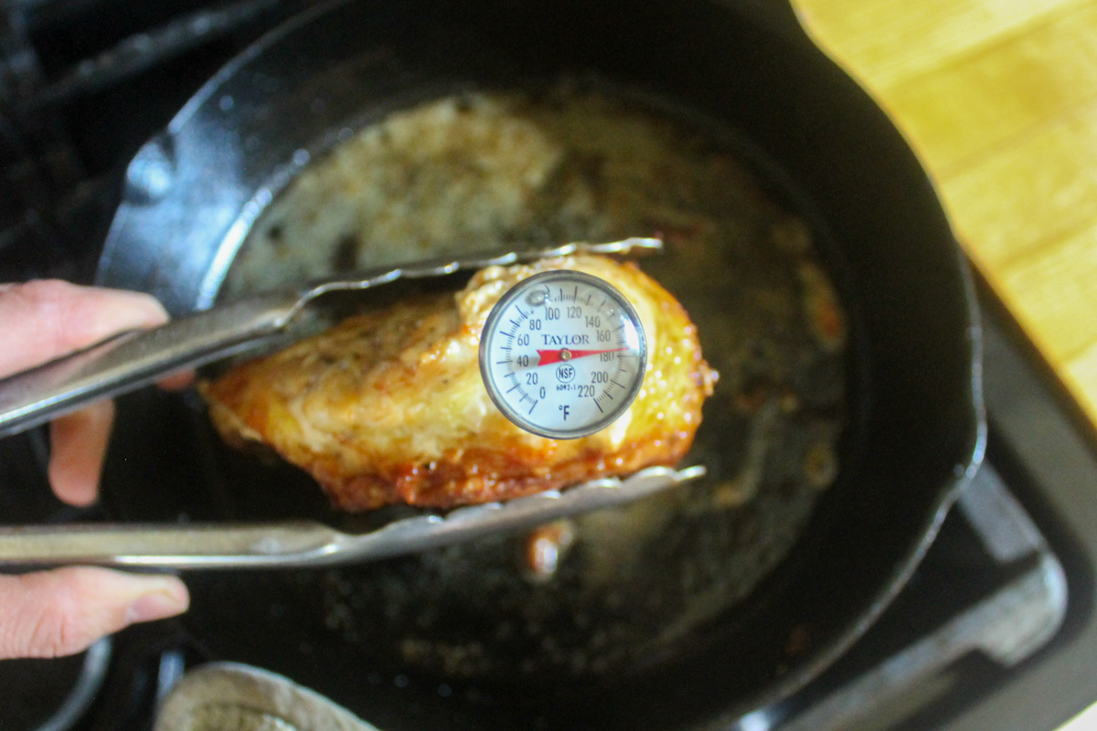 A thermometer in a chicken breast reading above 165 degrees when finished cooking through.
