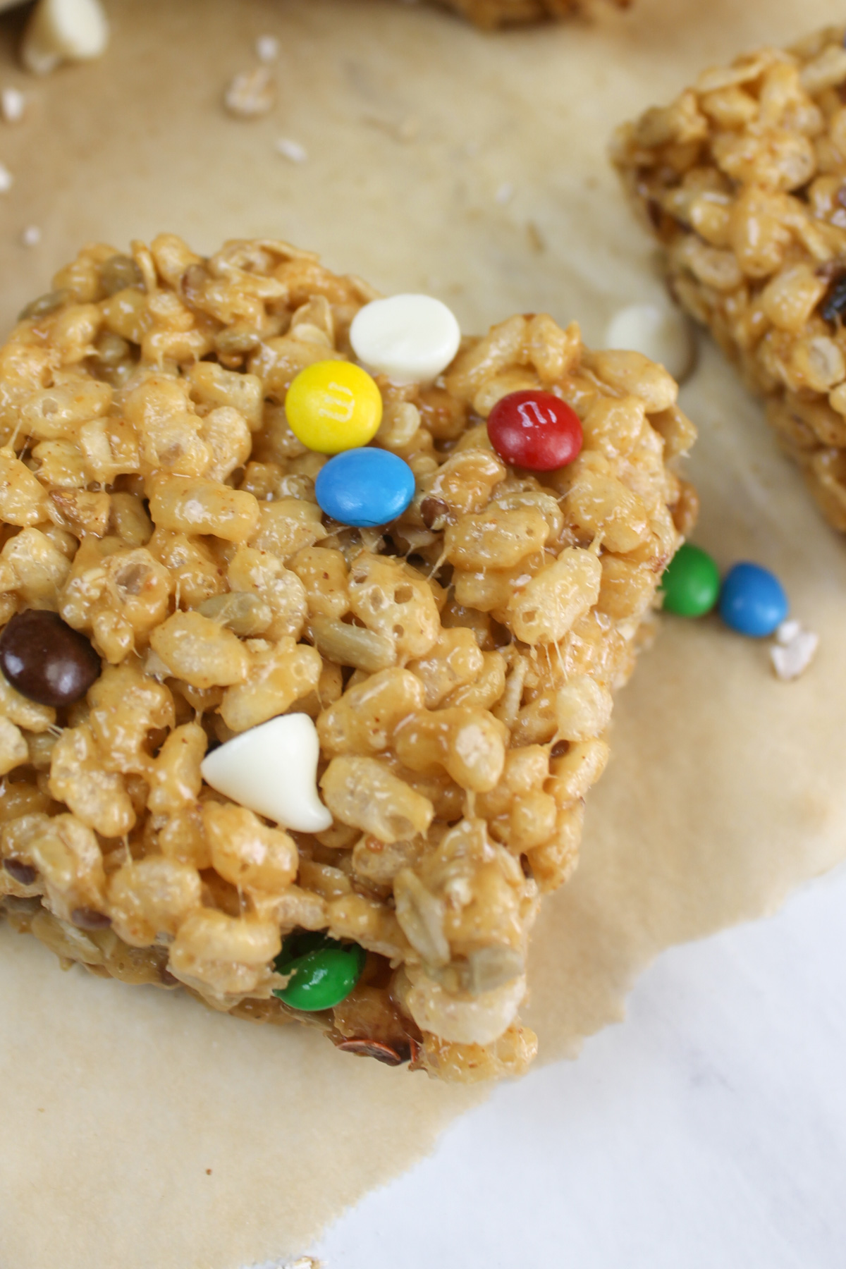 A close up of high protein rice crispy treats squares.