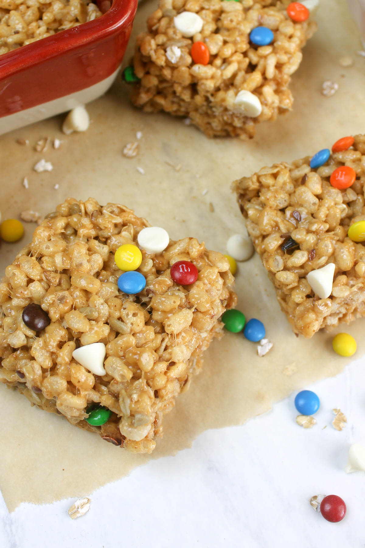 Rice Krispies treats with M&M's and chocolate chips.