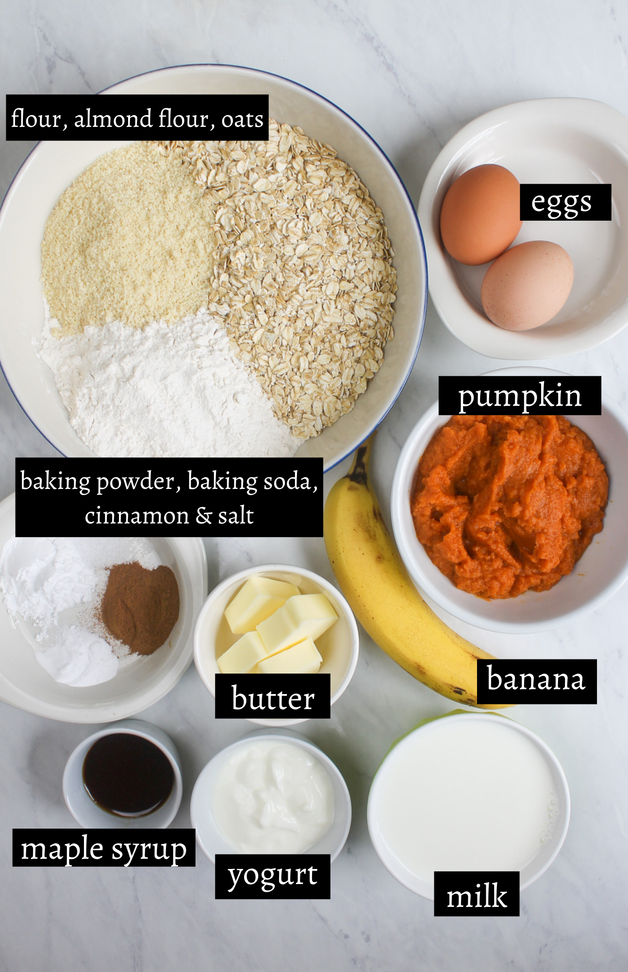 Labeled ingredients for pumpkin banana protein waffles.