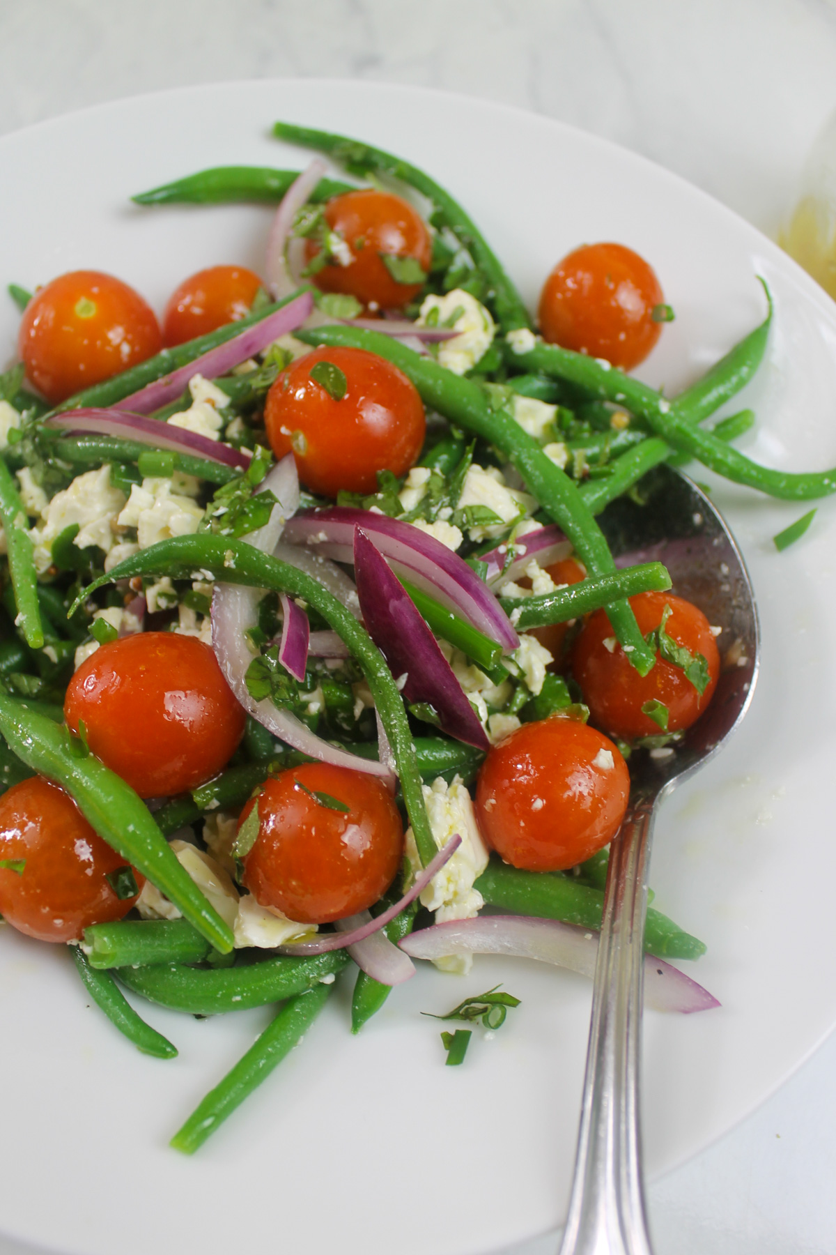 Tangy green bean salad with cherry tomatoes and vinaigrette dressing.