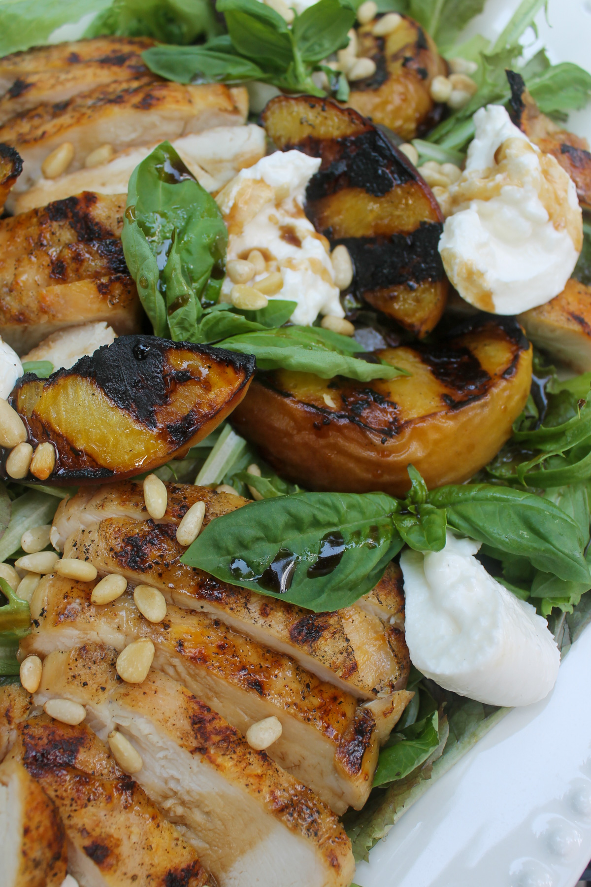 Burrata and grilled peach salad with fresh basil leaves.