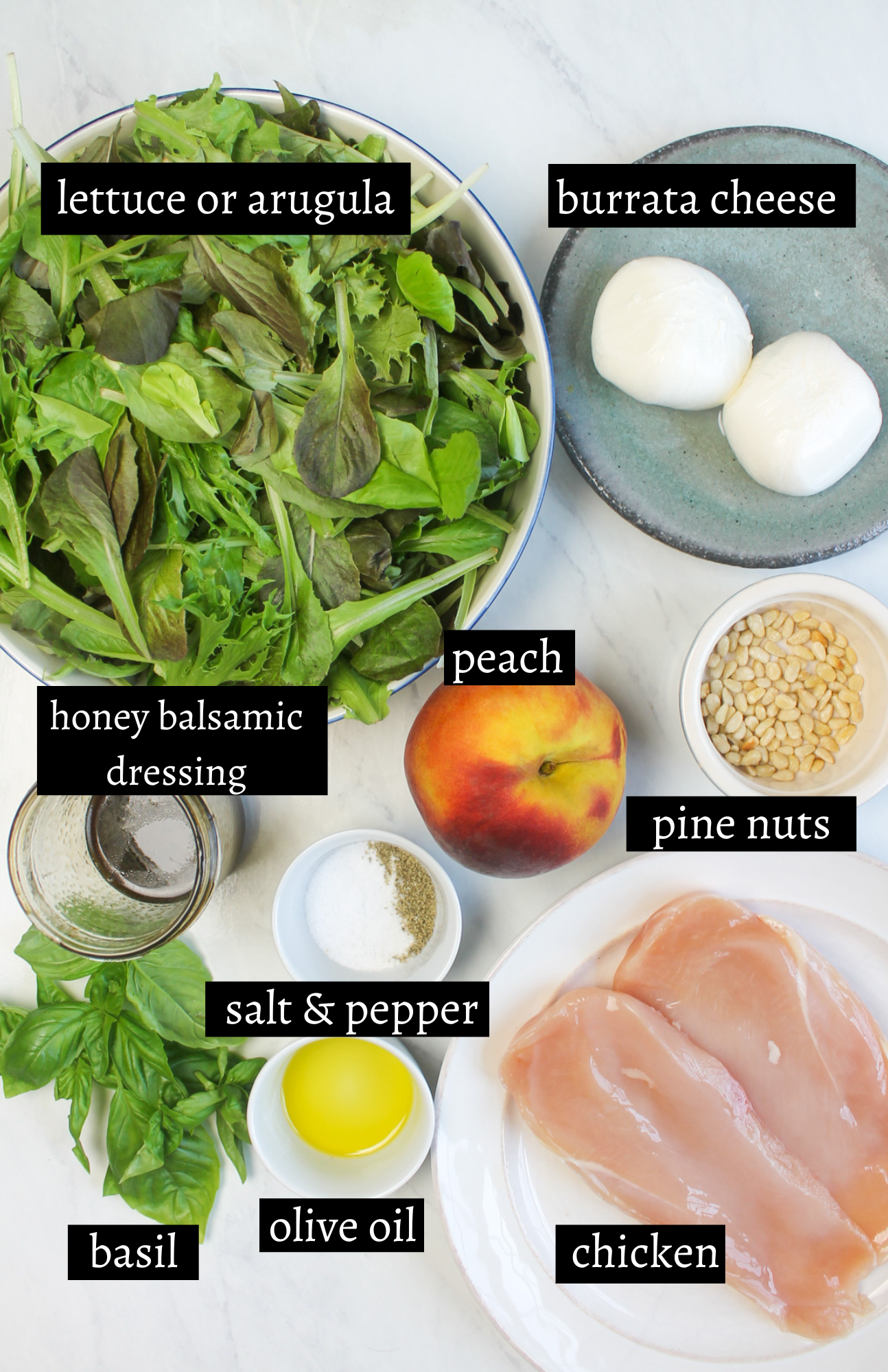 Labeled ingredients for grilled peach and burrata salad.