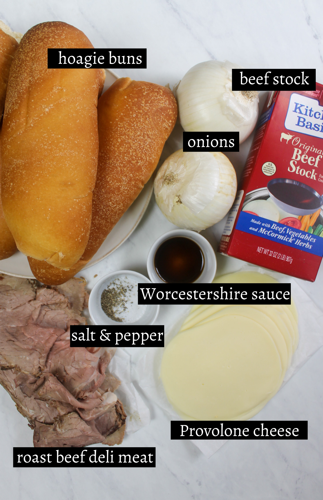 Labeled ingredients for French dip sandwiches.