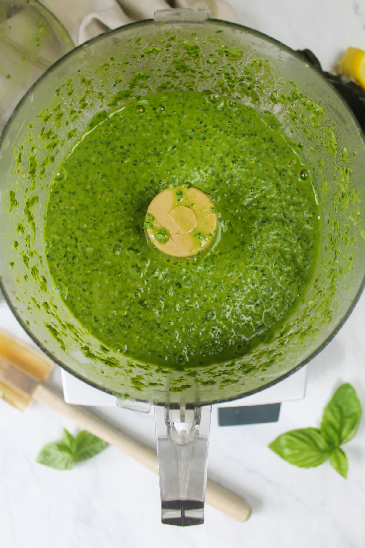 Pesto in the food processor.