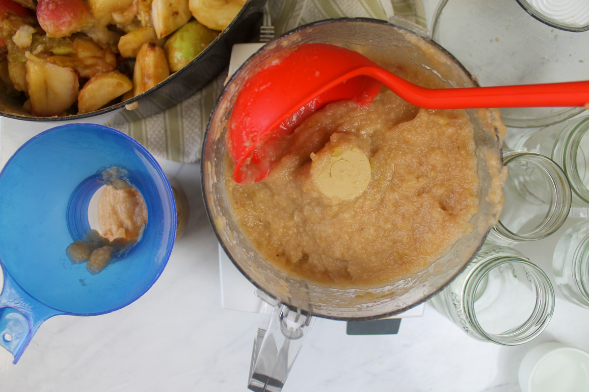 Transferring applesauce from the food processor to jars for freezing.