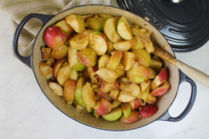 The pot of cooked apples, ready to puree for applesauce.