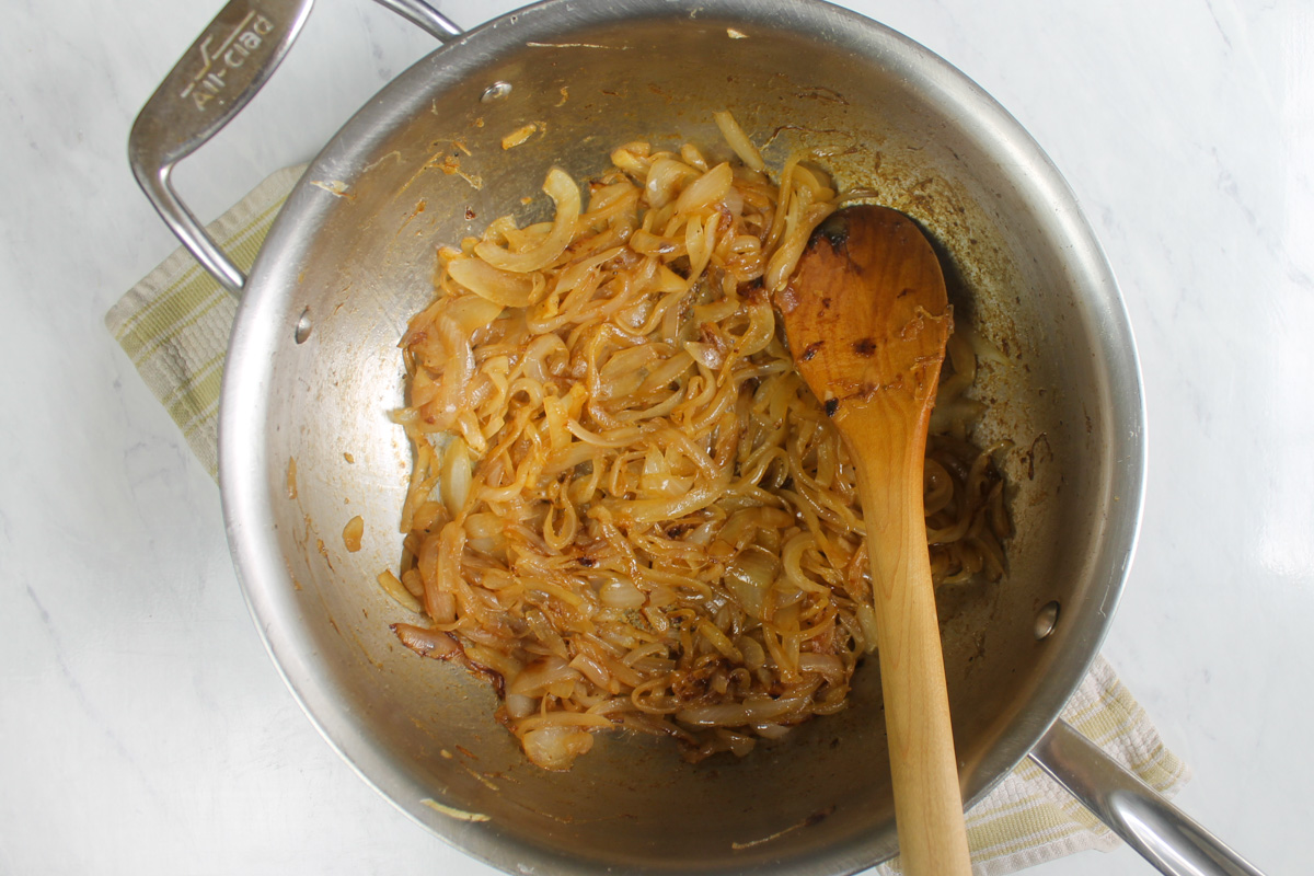 Caramelized onions in a skillet.