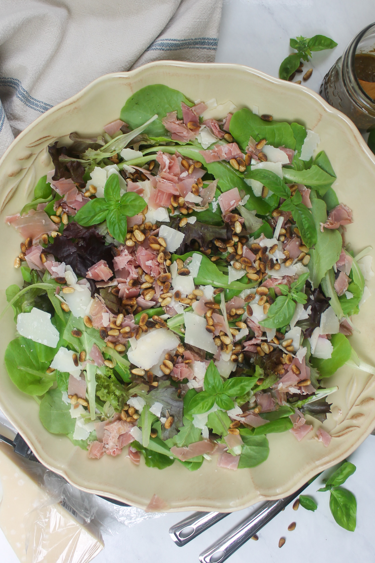Prosciutto Parmesan Pine Nut Salad with Basic Balsamic Dressing.