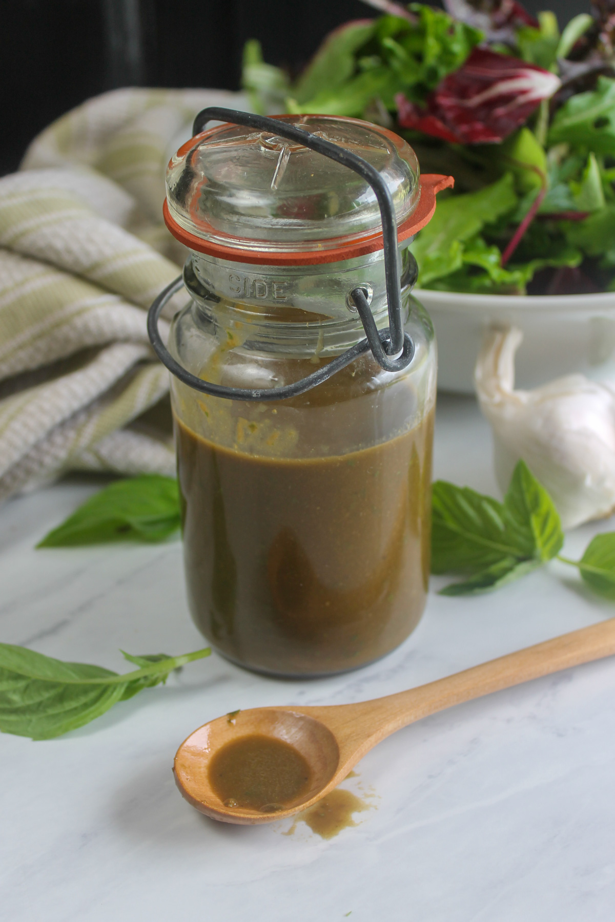 Basil balsamic dressing with garlic and honey.