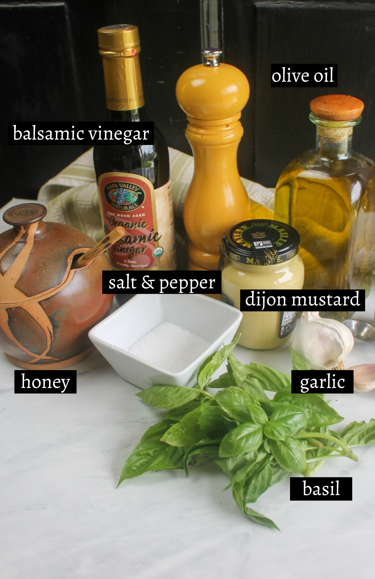 Labeled ingredients for basil balsamic dressing.