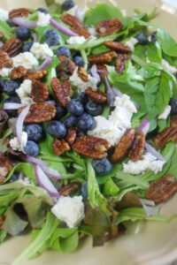 A close up of blueberry pecan salad with basil balsamic vinaigrette.