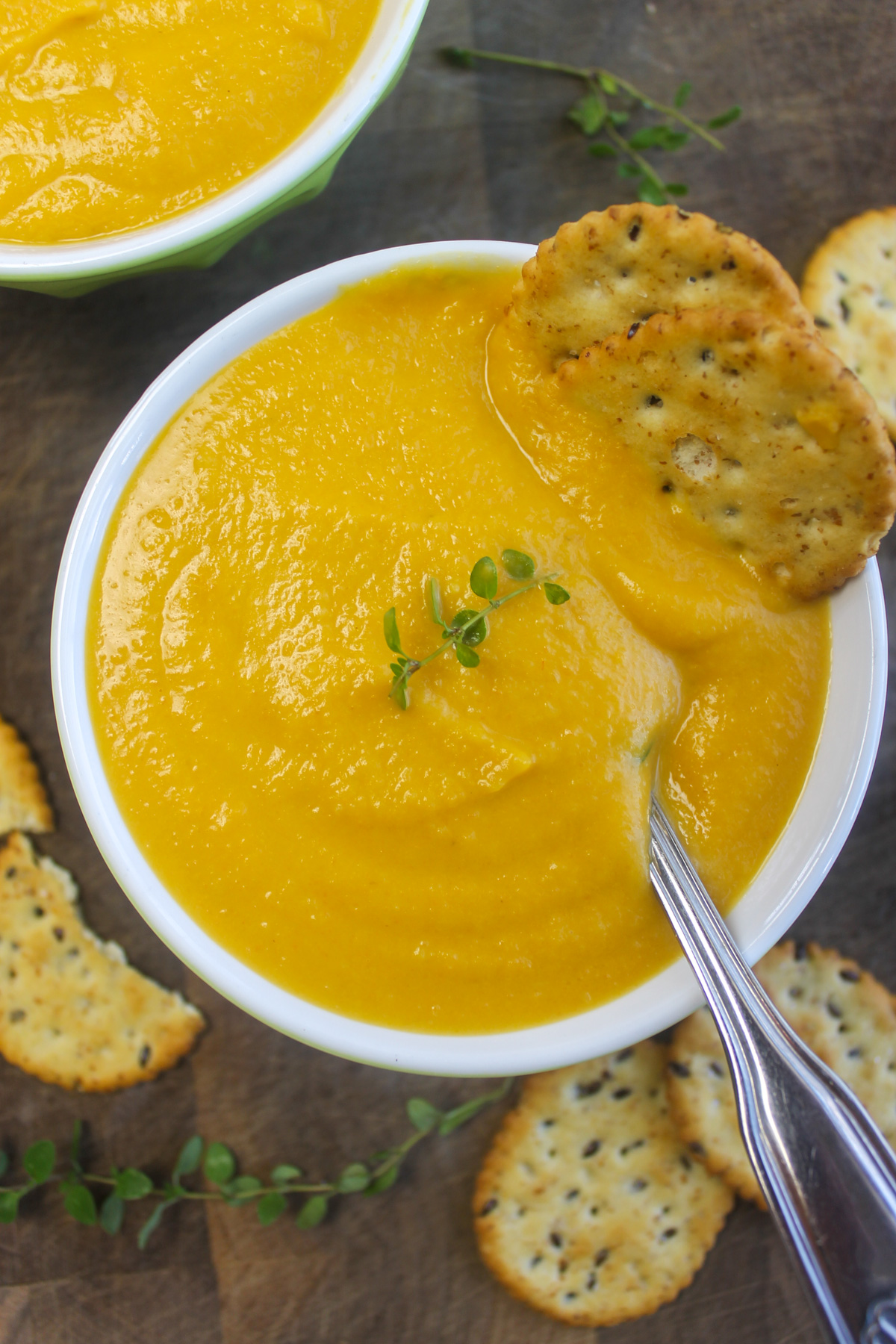 Roasted butternut squash soup with fresh thyme.