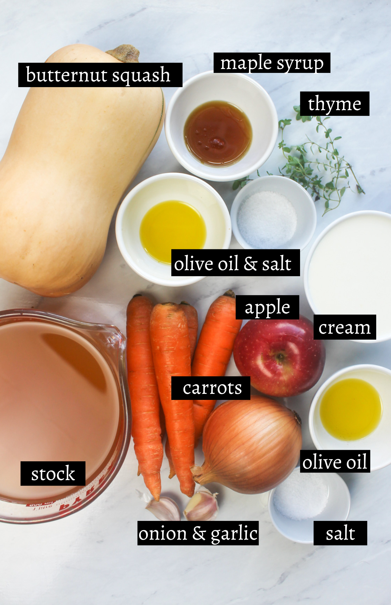 Labeled ingredients for Roasted Butternut Squash Carrot Soup.