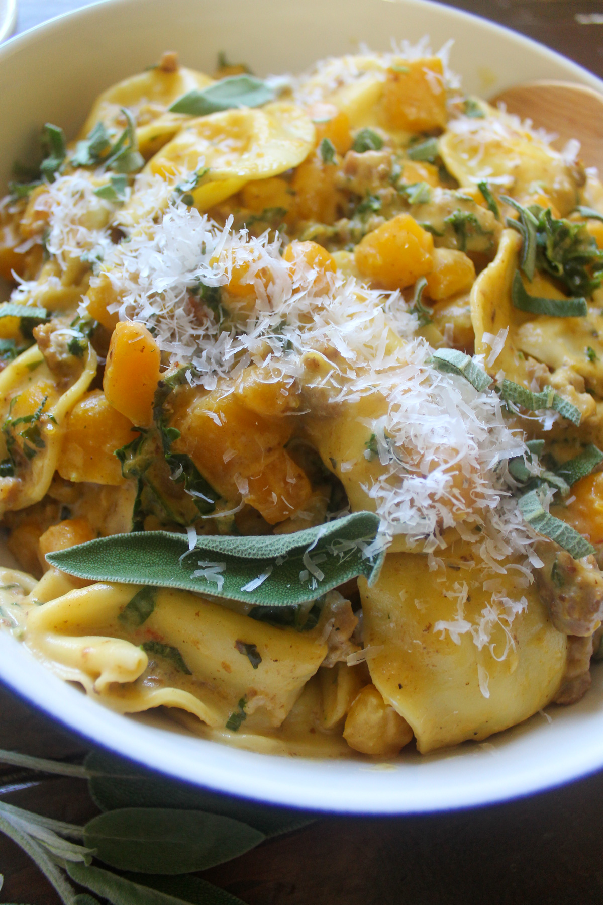 Butternut squash cream sauce with ravioli, sage and Parmesan cheese.