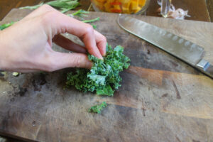 Bundling kale into a tight wad to thinly slice.