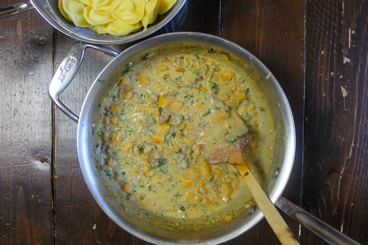 Butternut squash ravioli sauce, ready to add the pasta.