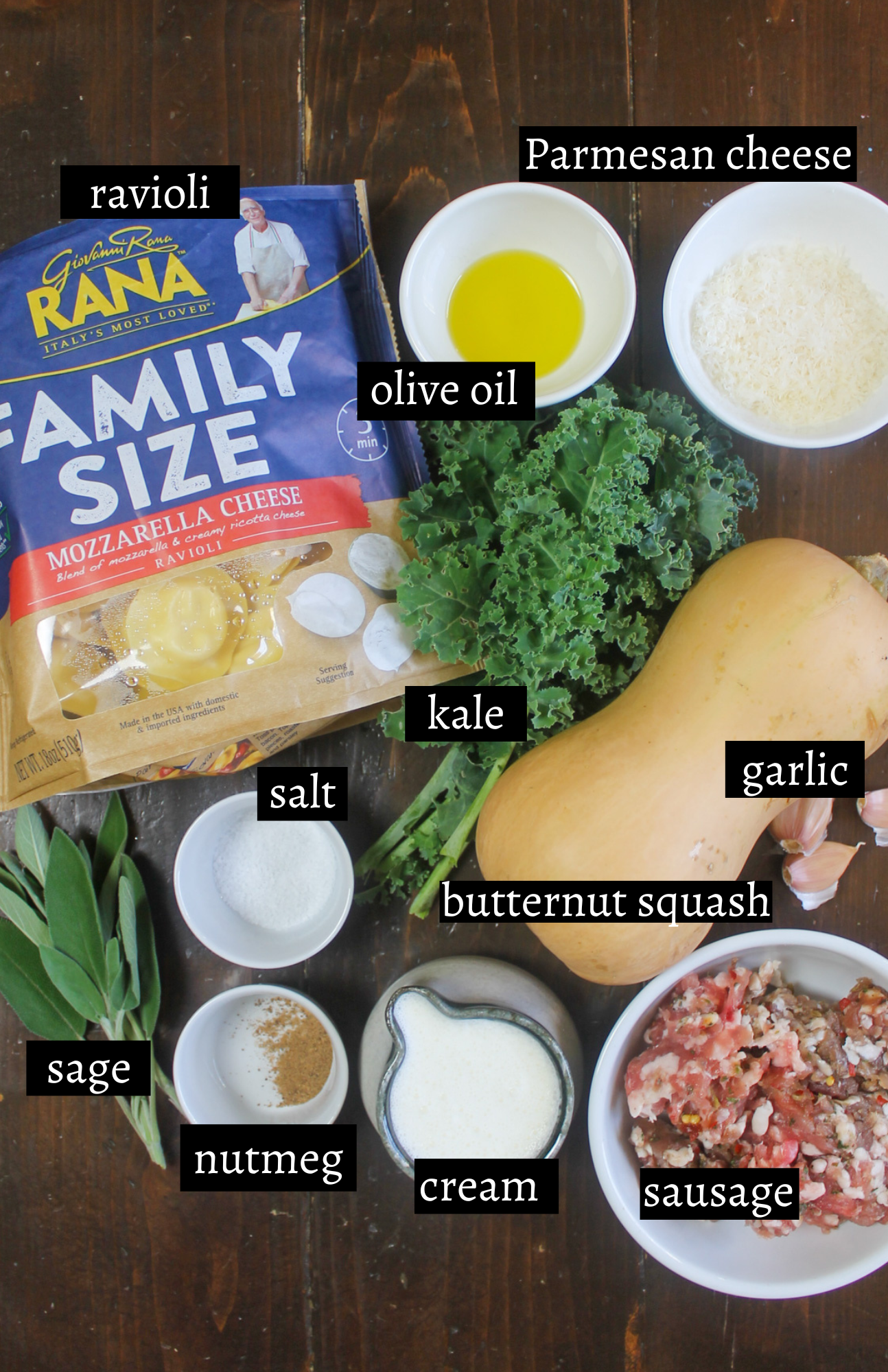 Labeled ingredients for Creamy Butternut Squash Ravioli with Sausage and Kale.