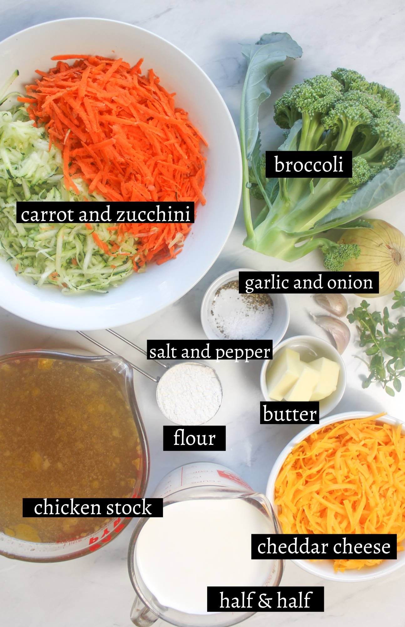 Labeled ingredients for Cheesy Broccoli Zucchini Soup.