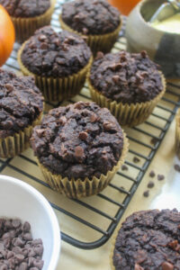 Protein pumpkin muffins topped with chocolate chips.