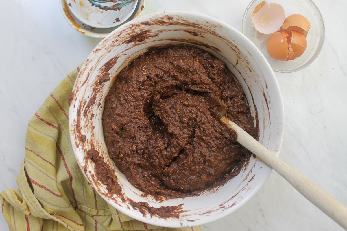 Mixing the dark chocolate pumpkin muffin batter.