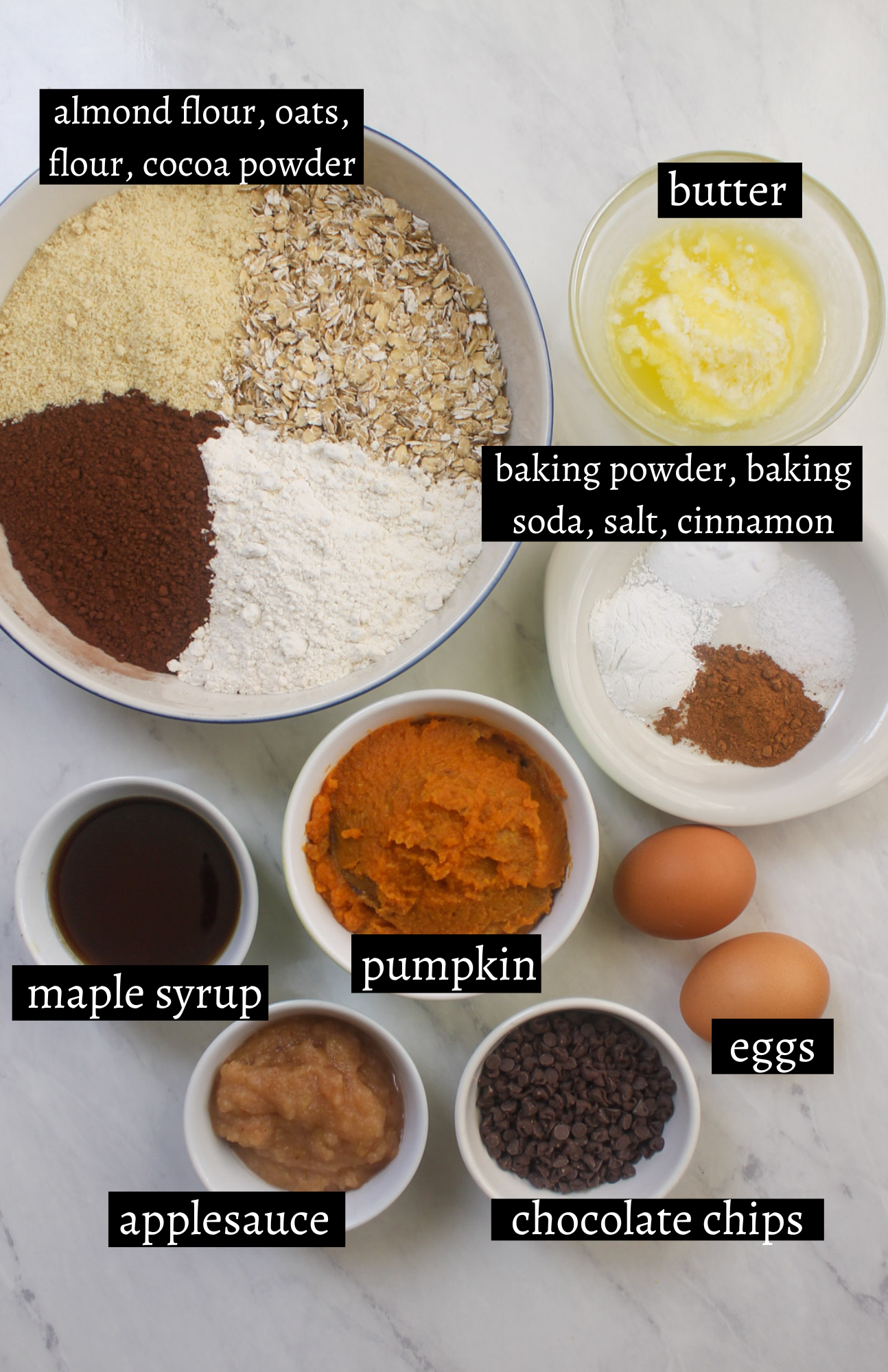 Labeled ingredients for chocolate pumpkin muffins.