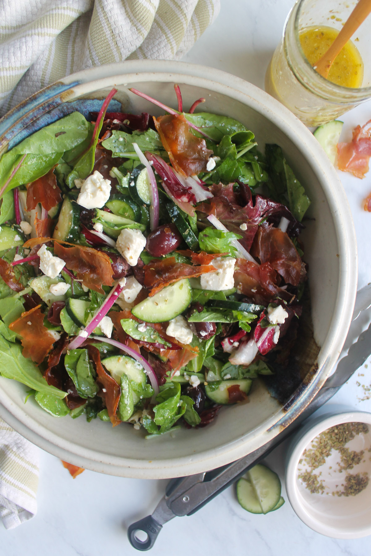 Italian feta olive salad with crispy prosciutto.