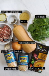 Labeled ingredients for Orzo Butternut Squash and Spinach Soup
