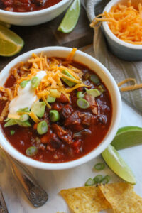Bowls of turkey chili made with leftover Thanksgiving turkey.