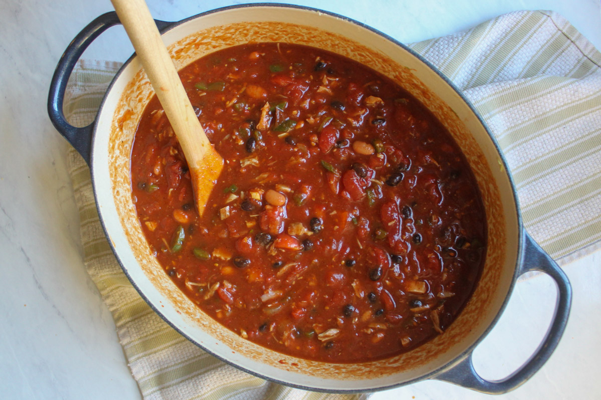 A pot of turkey chili ready to be simmered.