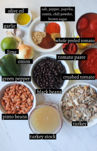 Labeled ingredients for Turkey Chili with Black Beans and Lime.