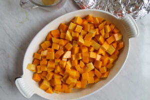 Cubed butternut squash tossed in the maple butter glaze.