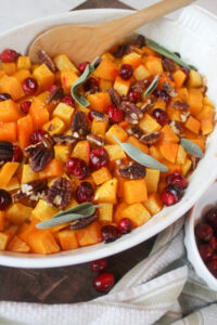 Maple glazed butternut squash roasted with cranberries.
