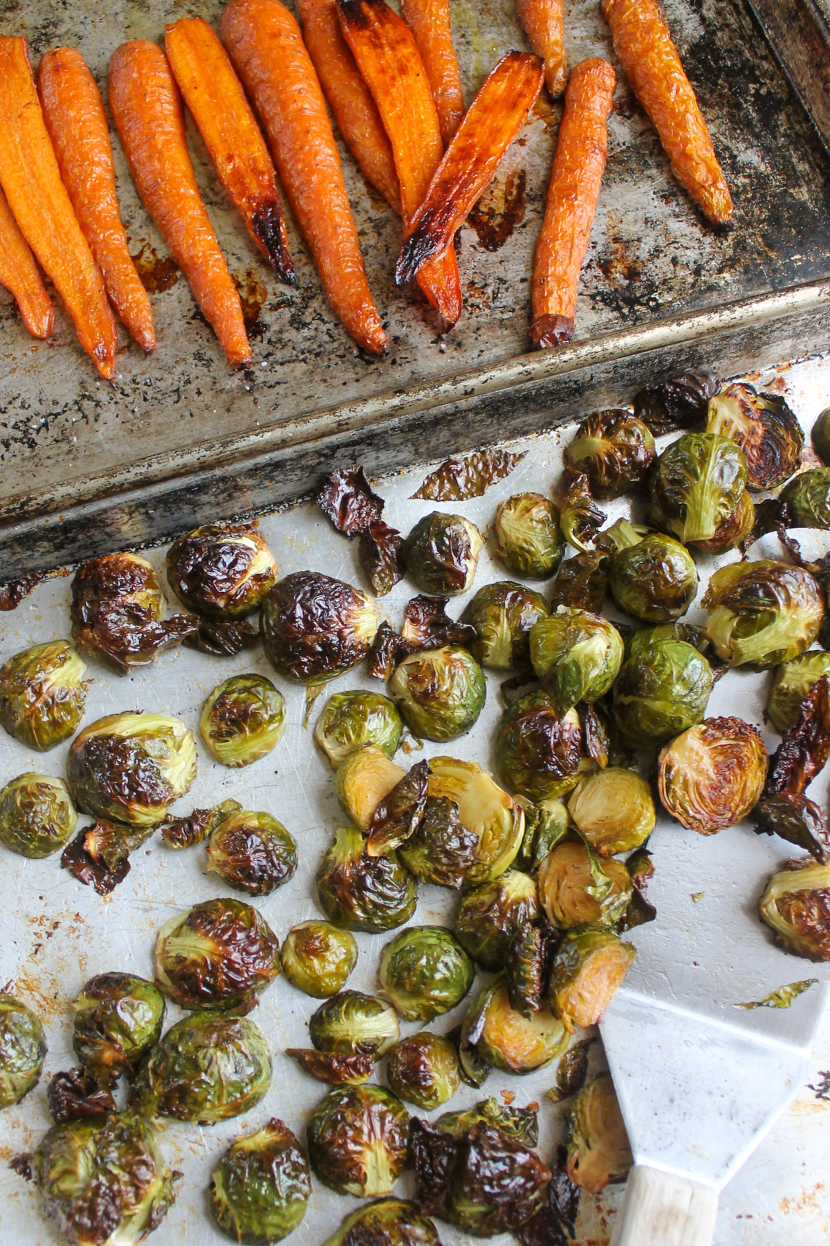 Oven roasted Brussel sprouts and carrots, browned and caramelized on sheet pans.