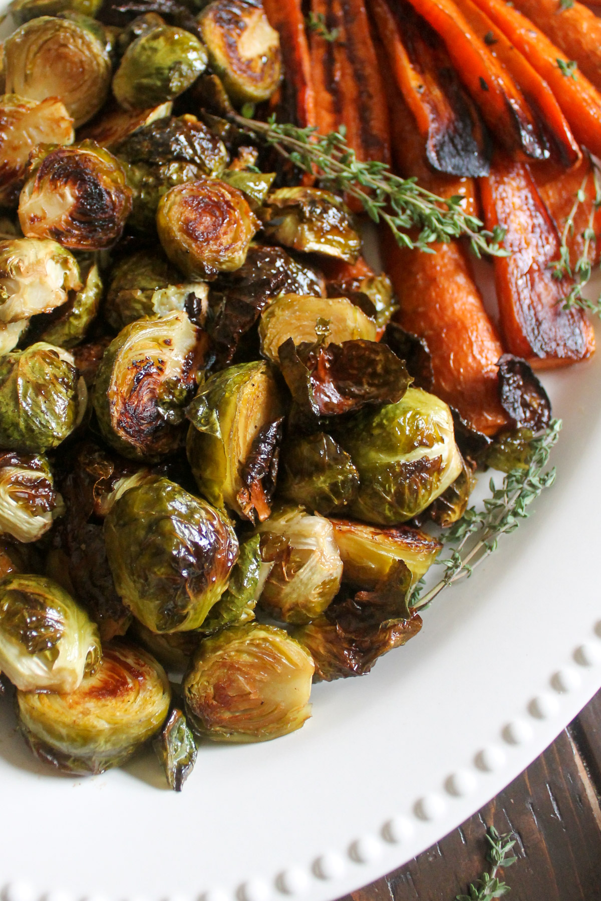 Roasted Brussel sprouts and carrots with balsamic vinegar and honey.