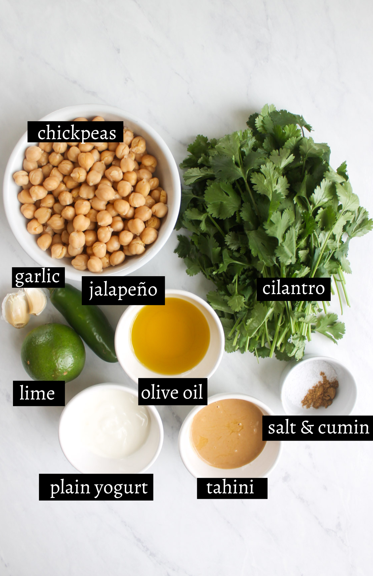 Labeled Ingredients for Cilantro Lime Hummus Ingredients.