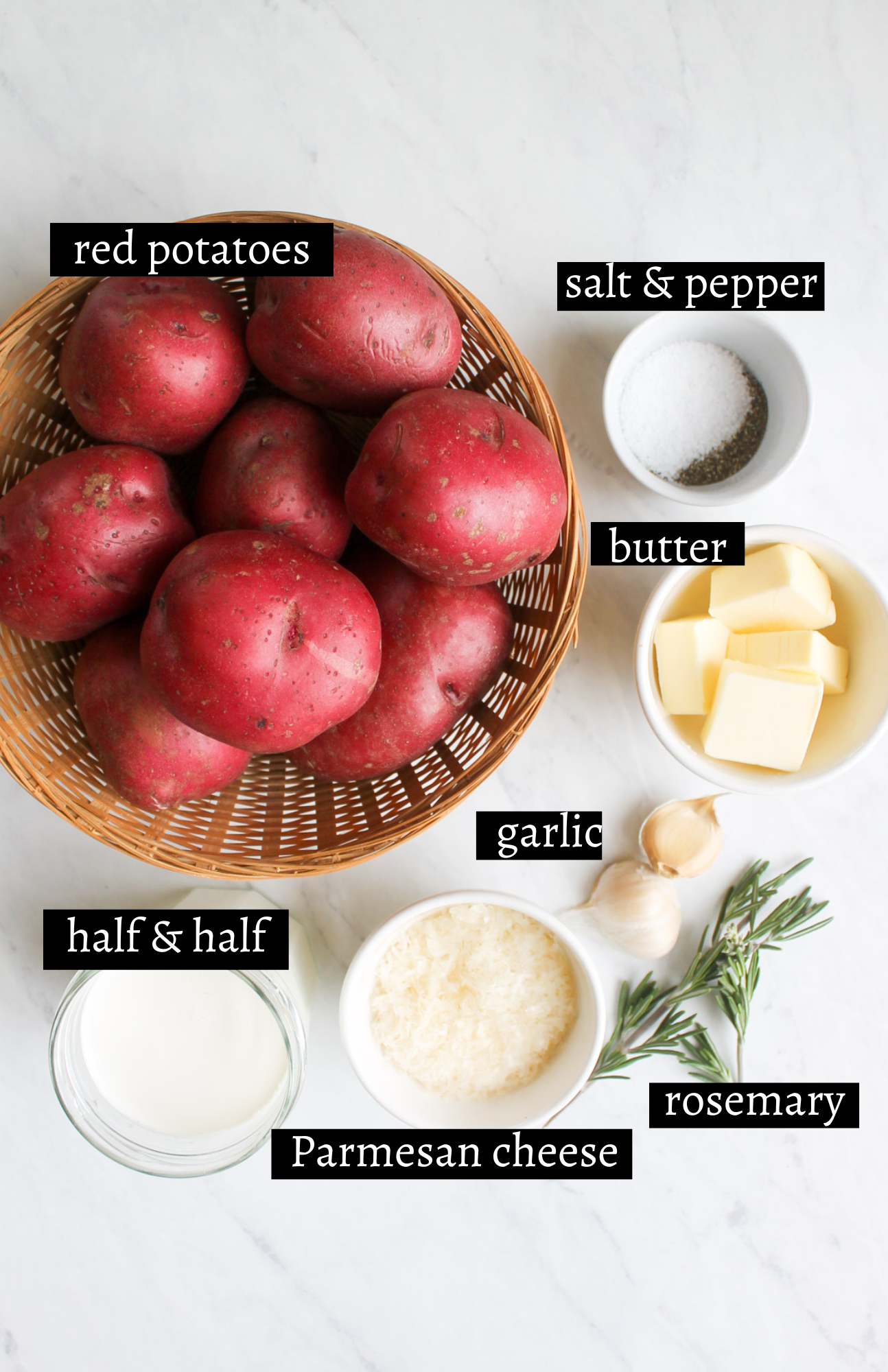 Labeled ingredients for rosemary garlic mashed potatoes.