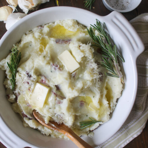 Rosemary garlic mashed potatoes with butter and Parmesan.