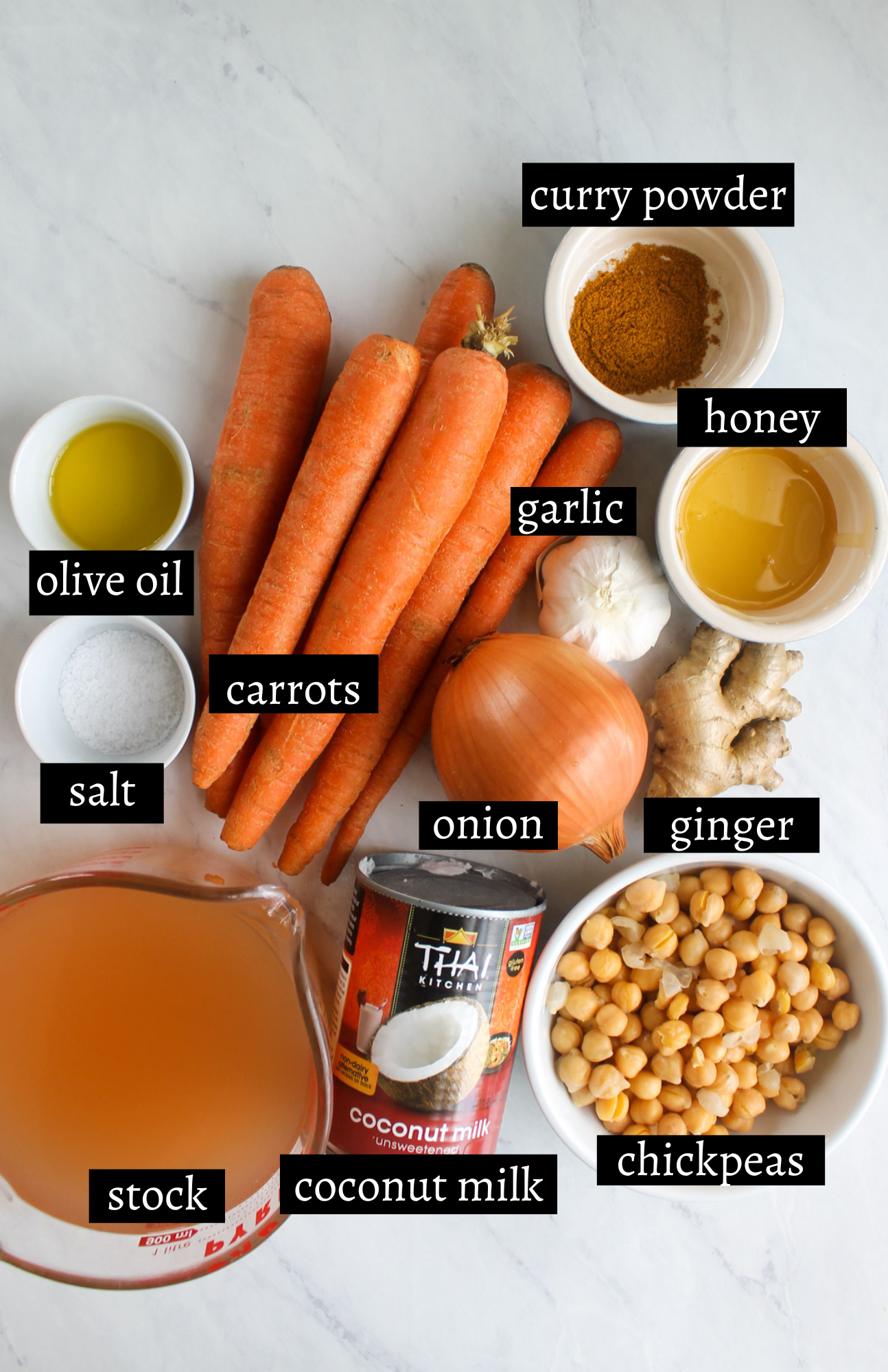 Labeled ingredients for Carrot Ginger Coconut Soup.