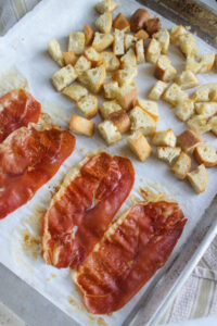 The sheet pan roasted with crispy prosciutto and finished croutons.