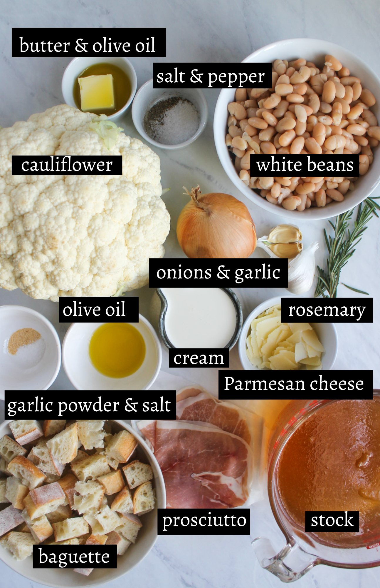 Labeled ingredients for cauliflower white bean soup with crispy prosciutto and croutons.