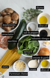 Labeled Ingredients for Creamy Zucchini Mushroom Pasta with Crispy Prosciutto.