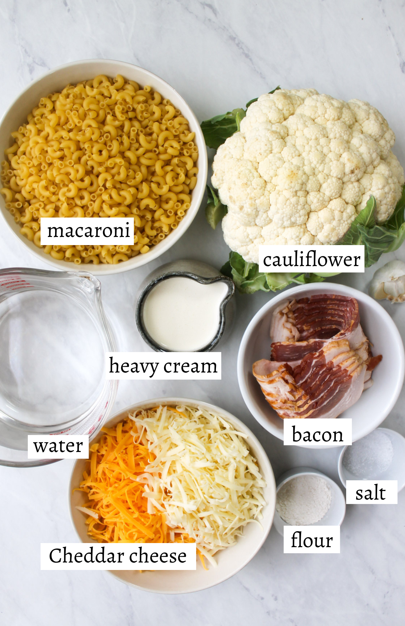Labeled ingredients for Bacon Cauliflower Mac and Cheese.