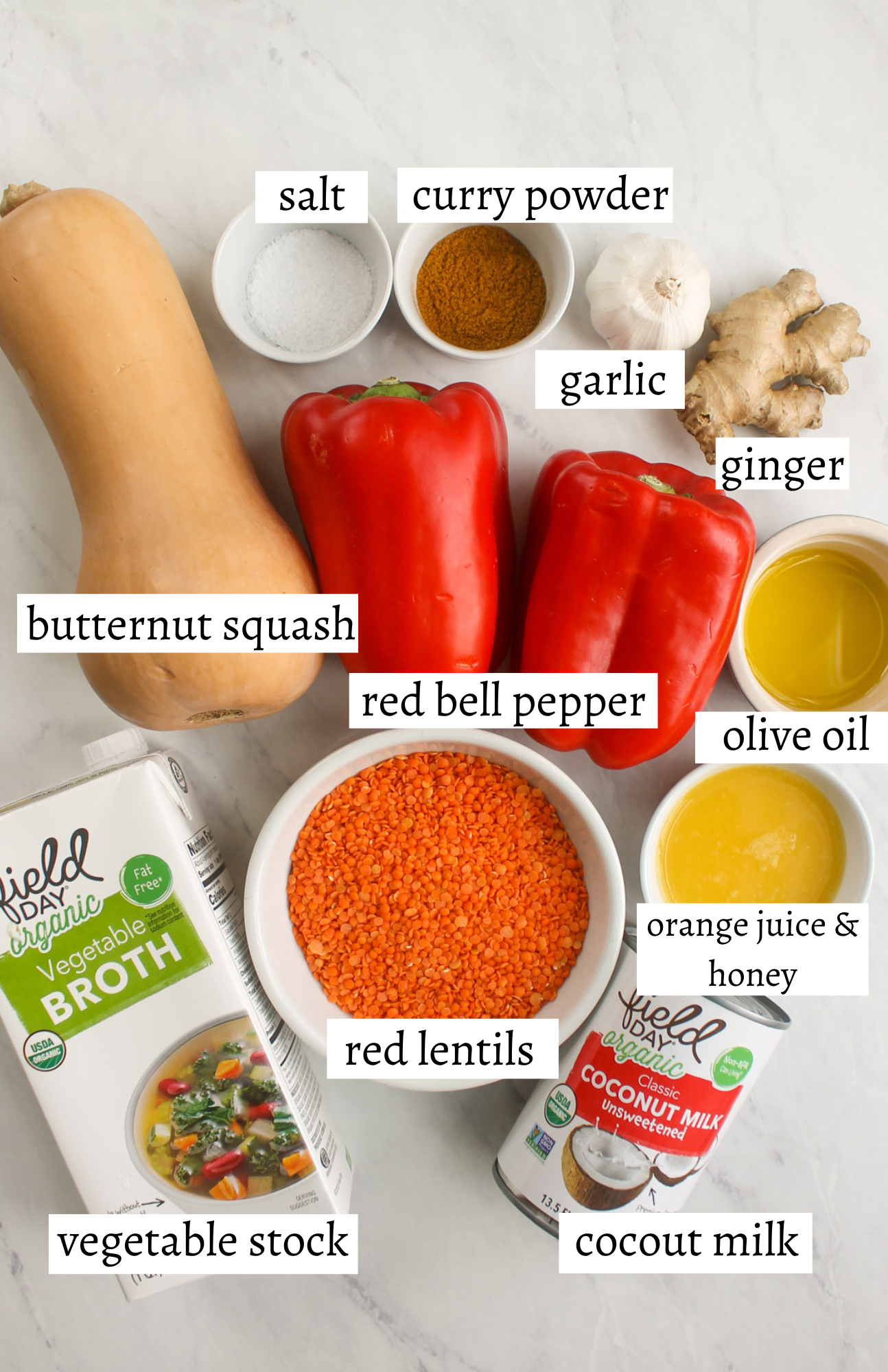 Labeled ingredients for butternut squash red pepper soup.