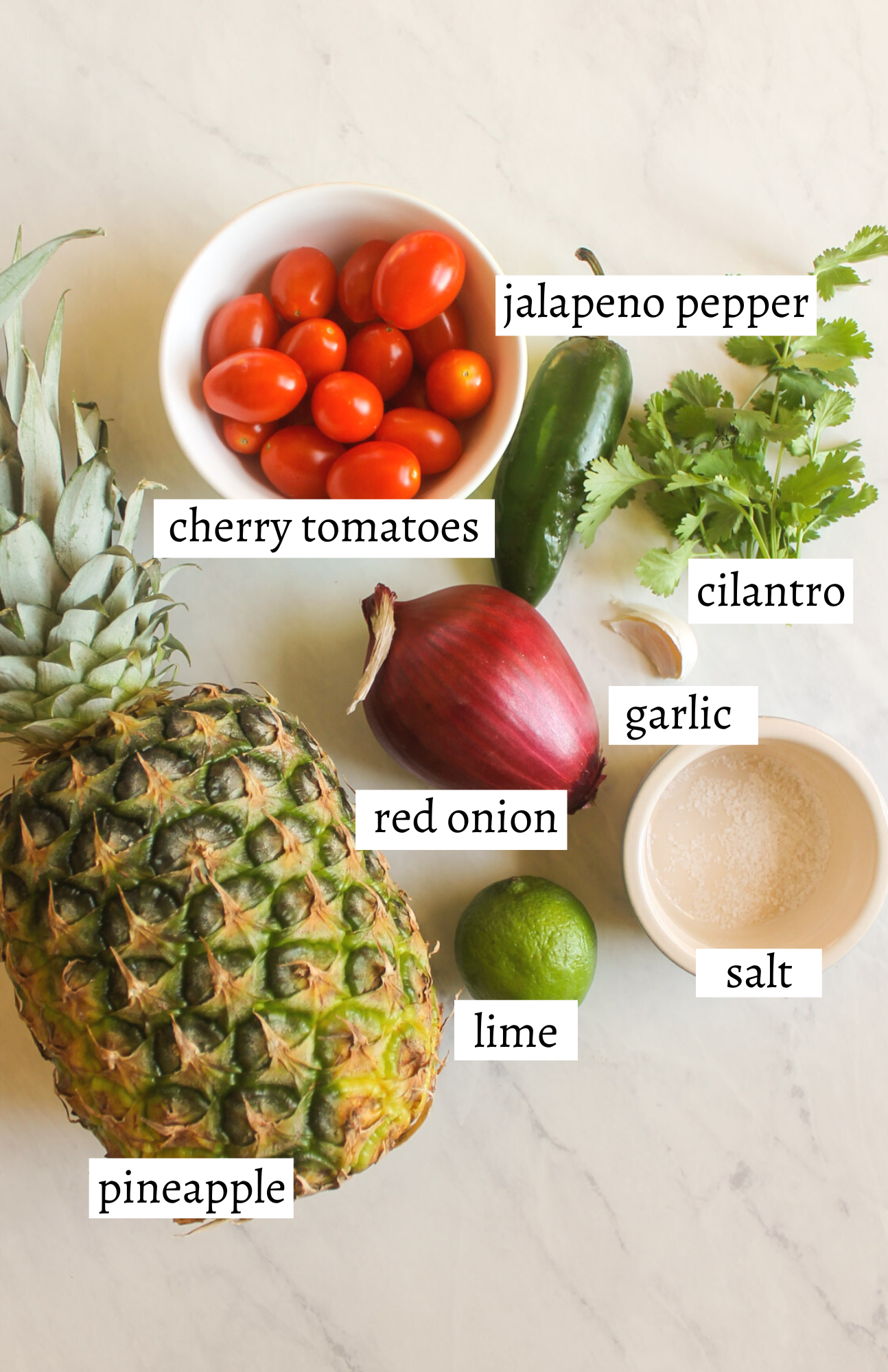 Labeled ingredients for pineapple pico de gallo.