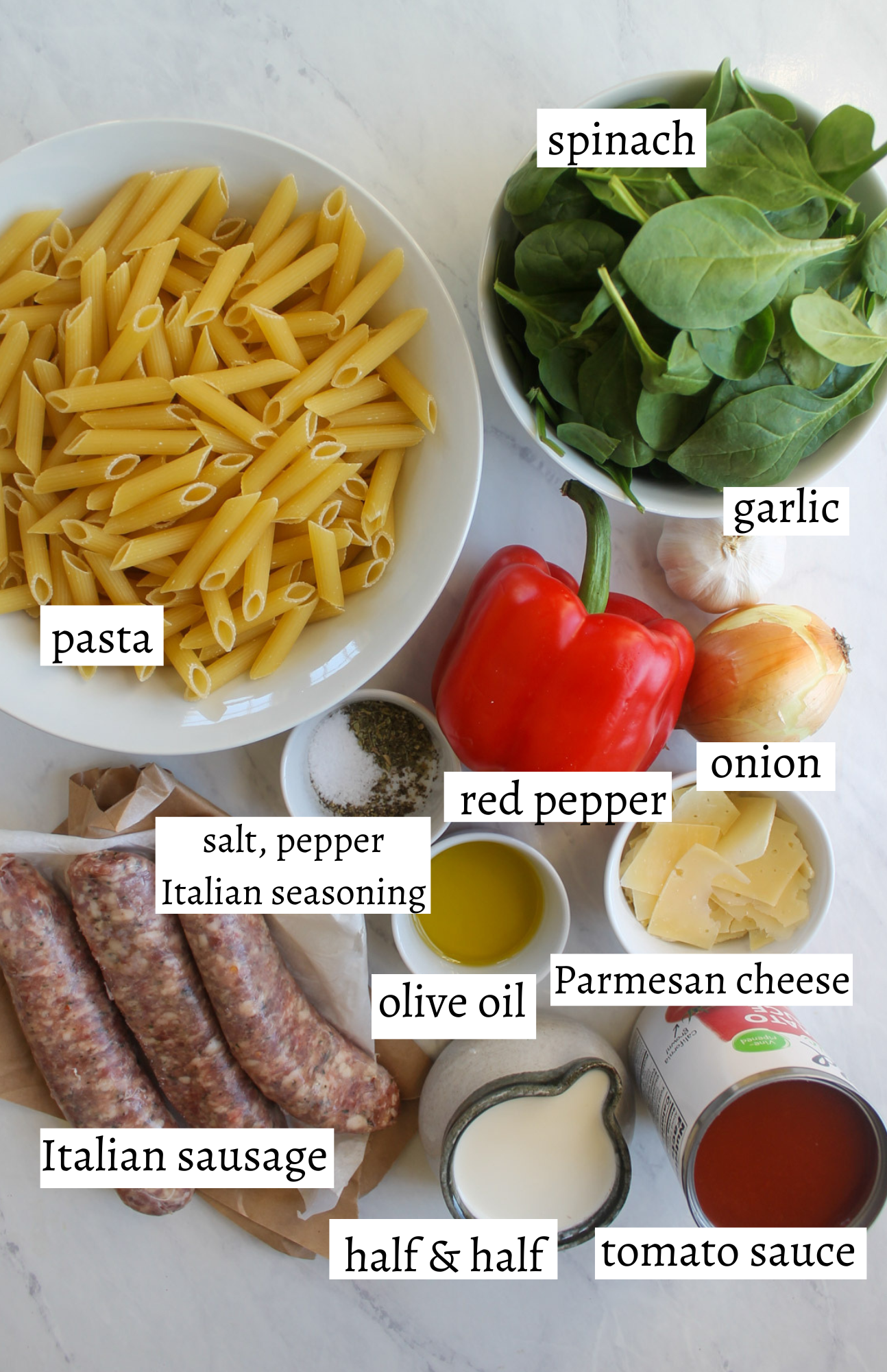 Labeled Ingredients for Creamy Tomato Pink Sauce Pasta with Italian Sausage.
