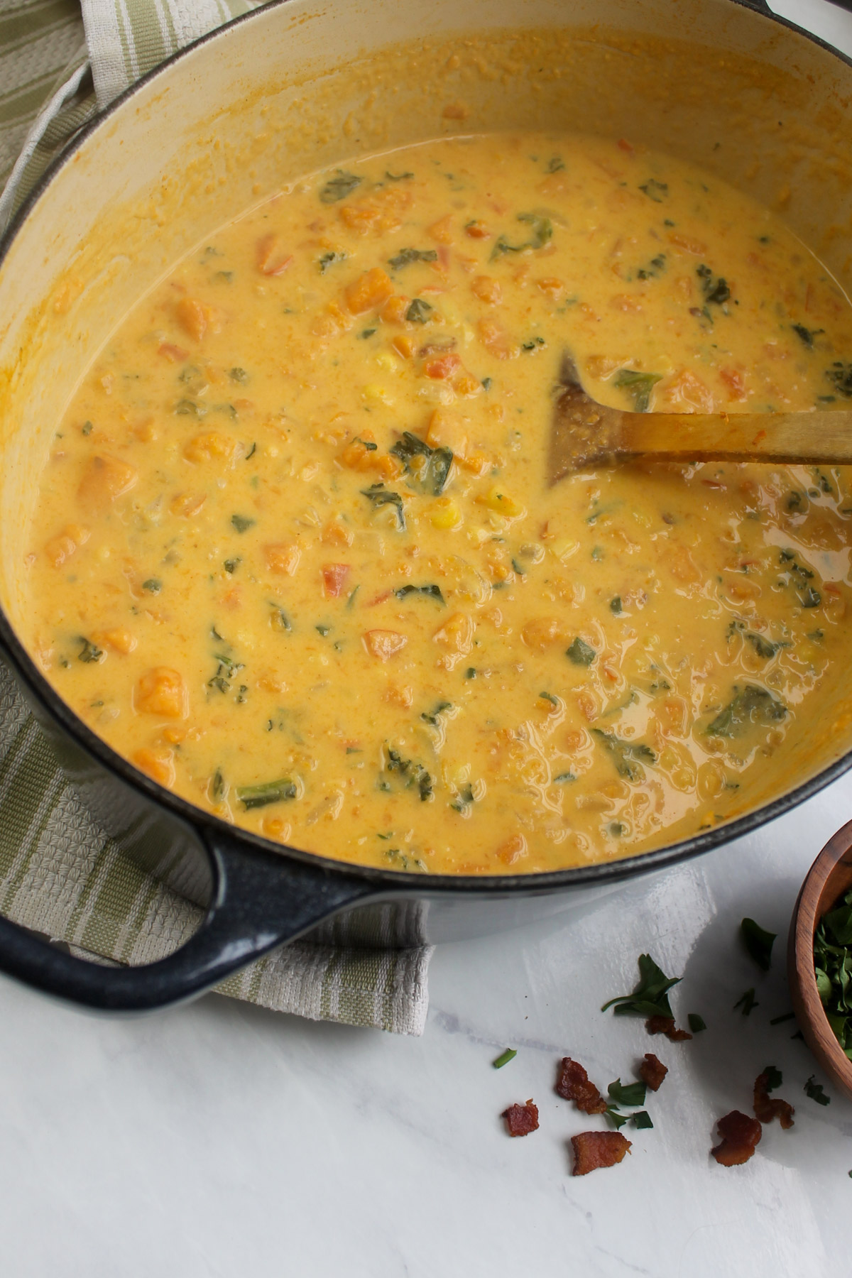 The finished pot of sweet potato corn and kale chowder.